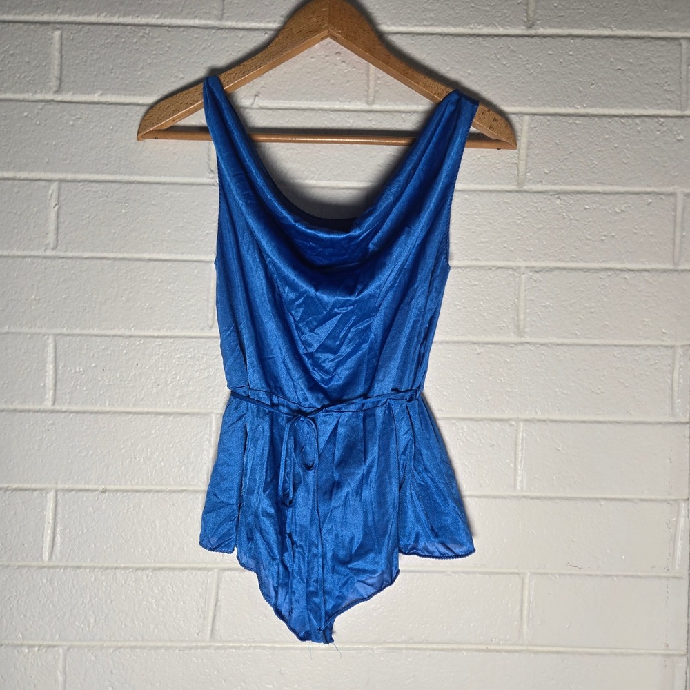 Vtg UndercoverWear Cobalt Satin Nylon Teddy Bodysuit Medium Cowl Intimates‎